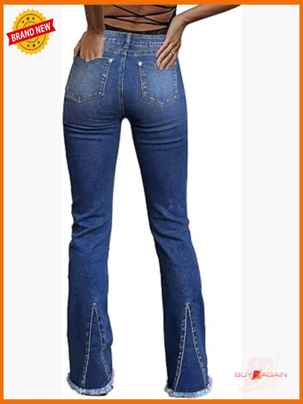 Mid Rise Boot Cut Stretchy Flare Jeans Raw Hem V Cut - Picture 1 of 5